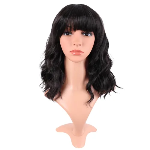 MapofBeauty 14 Pulgadas/35 cm Peluca Bob de Cabello Corto Ondulado y Rizado con Flequillo Plano, Sintética, de Colores Brillantes y Naturales para