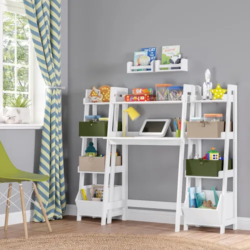 Miniatura 4 de RiverRidge Escritorio para niños con estante de escalera, mesa de escritura blanca para tareas, artes y manualidades, mesa espaciosa con estante