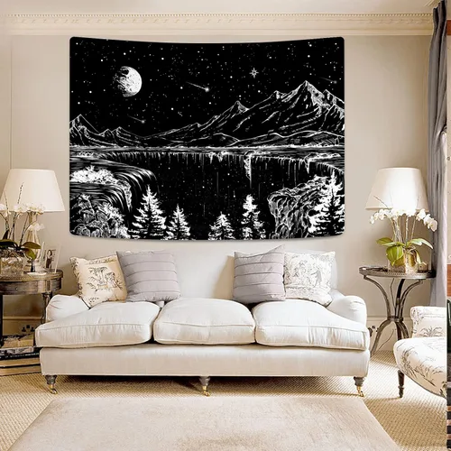 Miniatura 5 de Zussun Tapiz blanco y negro con noche estrellada, tapices de montaña para dormitorio, estética de luna y estrellas, tapiz para colgar en la pared