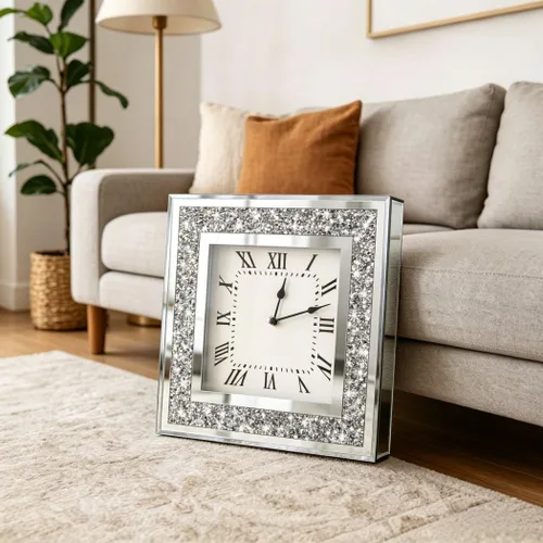 Miniatura 3 de DMDFIRST Reloj de pared cuadrado con espejo de cristal triturado de diamante con decoraciones brillantes de chispa y centella para decoración