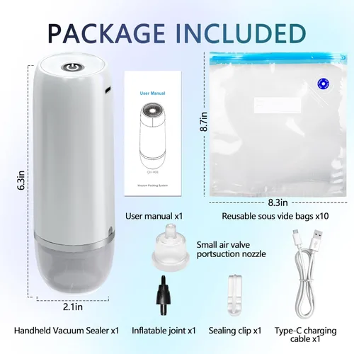 Miniatura 2 de Sellador al vacío de mano para alimentos, juego de máquina selladora al vacío inalámbrica portátil con 10 bolsas Sous Vide para almacenamiento