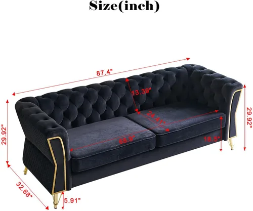 Miniatura 2 de KEIKI Sofá Chesterfield de terciopelo con botones capitoné de 87 pulgadas con cojines de espuma de alta densidad, moderno sofá de 3 plazas con Negro