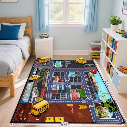 Miniatura 5 de Car Road - Alfombra de juegos para niños, 5 x 7 pies, alfombra de coche para niños y niños, educativa de tráfico urbano, alfombra de juego lavable