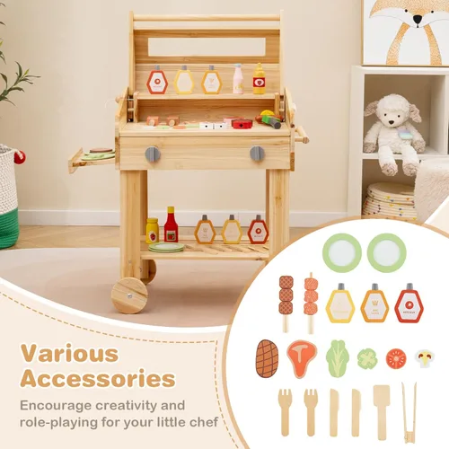 Miniatura 4 de Costzon Juego de parrilla para niños con ruedas, juego de parrilla de madera para niños con comida de juego, herramientas de parrilla y accesorios