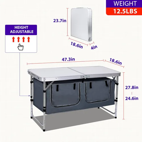 Miniatura 3 de Nice C Mesa de campamento, mesa plegable ajustable en altura, mesa de cocina de almacenamiento de campamento, aluminio ligero, con asa de transporte