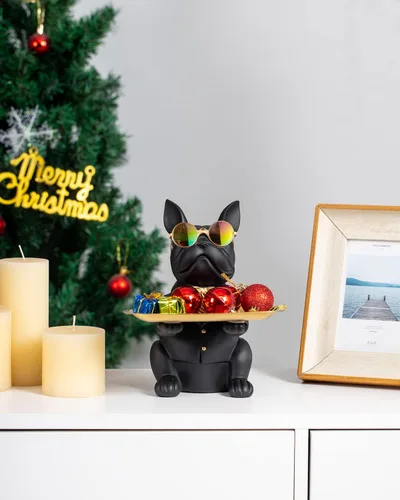 Miniatura 5 de Estatua de bulldog francés, bandeja de resina para llaves de bulldog para decoración de entrada, organizador de llaves para mesa de entrada, regalos