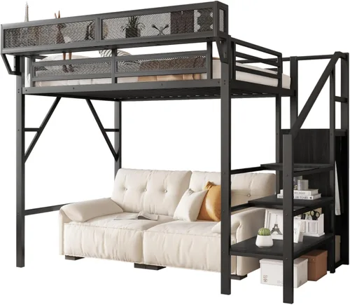 Miniatura 5 de Cama alta convertible de tamaño individual con escaleras de almacenamiento, estantes y armario, marco de cama de metal con barandilla de seguridad