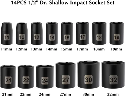 Miniatura 2 de EMENTOL - Juego de llaves de impacto estándar de 1/2 pulgada de 14 piezas, métrica, CR-V, juego de dados de impacto superficial de 1/2 pulgada, 11