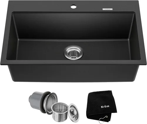 KRAUS Quarza - Fregadero de cocina de granito de instalación empotrada/sobre encimera de un solo seno de 31 pulgadas en ónix negro, KGD-412B