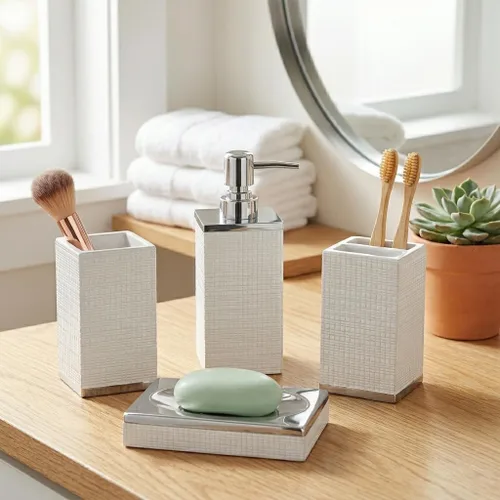Miniatura 2 de Creative Scents Estella - Juego completo de accesorios de baño, juego de baño blanco de 4 piezas con base plateada incluye: dispensador de jabón