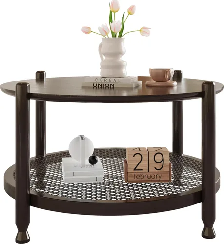 Miniatura 4 de NSdirect Mesa auxiliar redonda de 32 pulgadas para sala de estar, mesa central de madera maciza de 2 niveles para decoración del hogar con estante