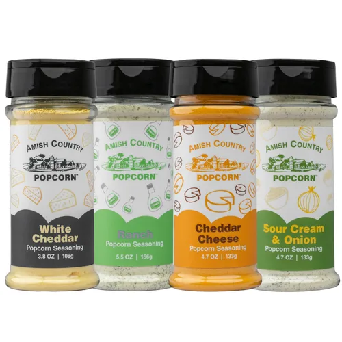 Miniatura 43 de Amish Country Popcorn Paquete variado de condimentos Queso cheddar – 5.1 oz y queso cheddar blanco – Condimento de palomitas de maíz de 3.8 onzas