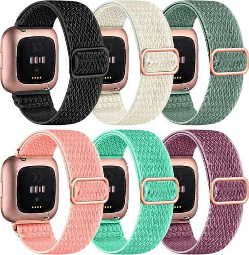 Pack de 6 bandas de nailon compatibles con Fitbit Versa, banda de reemplazo suave, elástica, ajustable y elegante, adecuada para hombres y mujeres