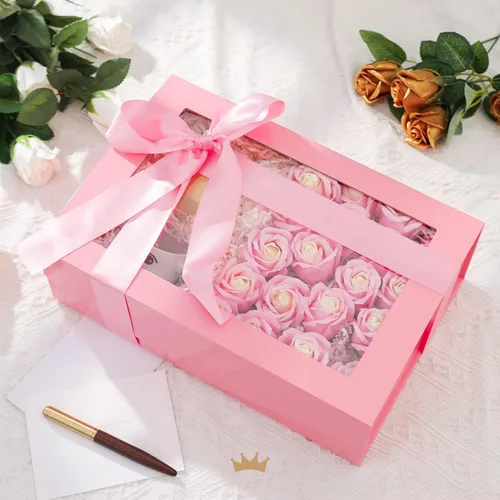Miniatura 4 de PACKQUEEN Caja de regalo grande rosa con ventana, 13.5x9x4.1 pulgadas, caja de regalo transparente para el Día de la Madre con cinta, tarjeta