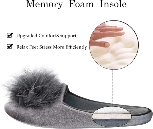 Miniatura 4 de GRITHEIM Pantuflas de casa de terciopelo con pompones mullidos para mujer, de espuma viscoelástica, cómodas, de punto de felpilla, para dormitorio