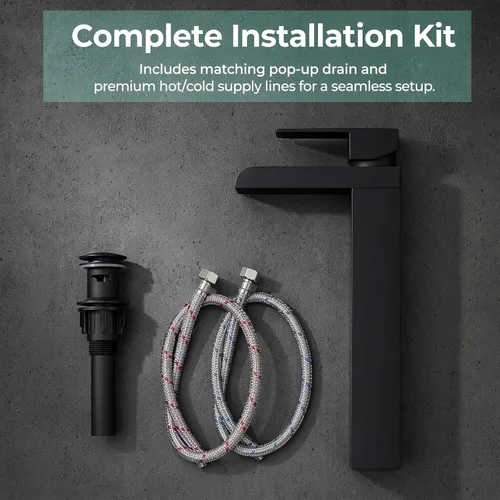 Miniatura 9 de Grifo de baño de cascada alto negro, grifo de fregadero Hanlde con boquilla de cascada, grifos de baño para 1 agujero, grifo mezclador de tocador