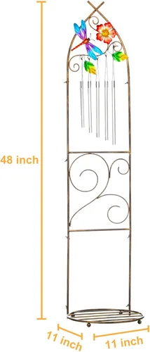 Miniatura 3 de Enrejado de jardín con soportes para plantas, enrejado de metal desmontable de 48 pulgadas para maceta con libélula y campanillas de viento