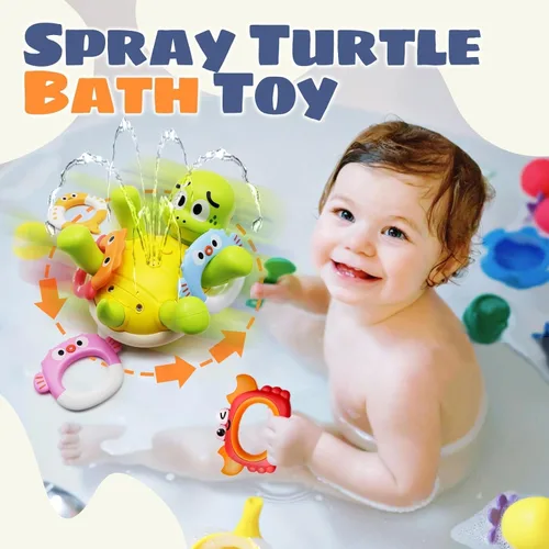 Miniatura 10 de Sizobi Juguetes de Baño para Bebés, Juguete de Baño de Tortuga Recargable con Rociador para Niños Pequeños con 5 Anillos, Juguete de Rociador