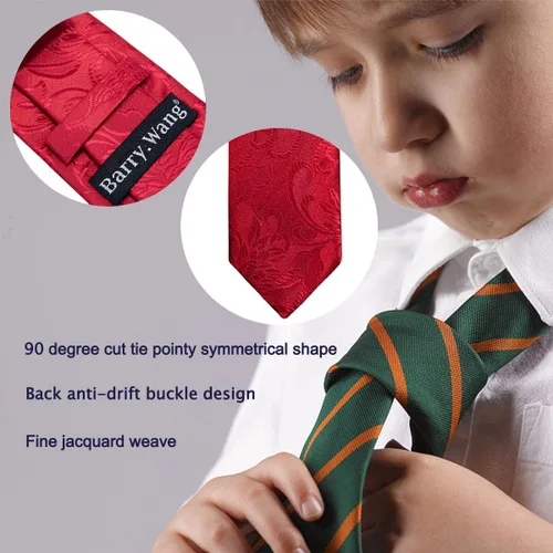 Miniatura 306 de Barry.Wang Corbata de niño regular seda tejida rayas sólido lazo bolsillo cuadrado