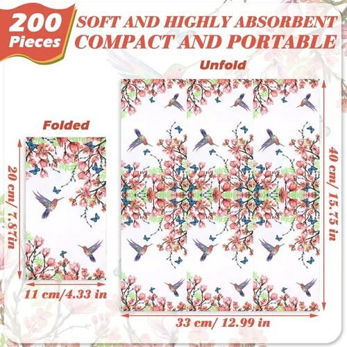 Miniatura 3 de Jetec 200 unidades de toallas de mano desechables de papel con flores y pájaros para baño, toallas de papel para invitados de baño, toallas de papel