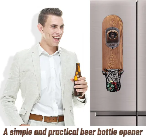 Miniatura 5 de Abrebotellas magnético único con atrapador de red, abridor de botellas de cerveza de madera montado en la pared, sacacorchos sin rastro, accesorios