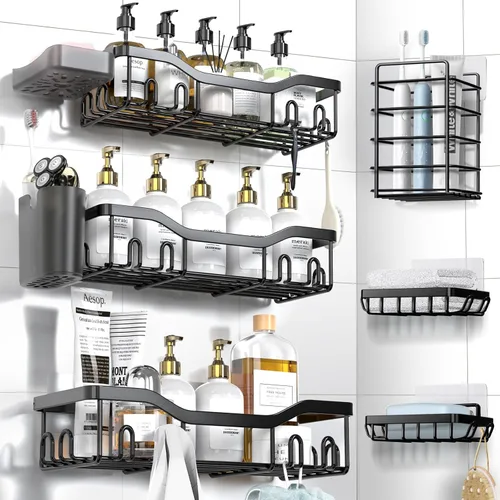 Miniatura 26 de NESOMI Organizador de Ducha Adhesivo Juego de 7 Piezas, Estantes de Baño de Acero Inoxidable a Prueba de Óxido, Accesorios de Almacenamiento sin