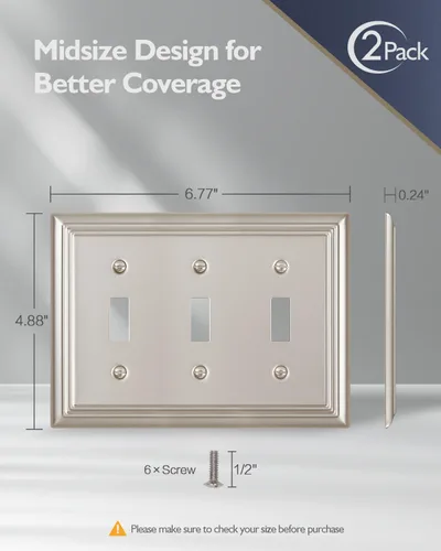 Miniatura 5 de Paquete de 2 cubiertas para interruptor de luz, placa de pared de triple palanca de níquel satinado, cubierta de placa de interruptor de metal