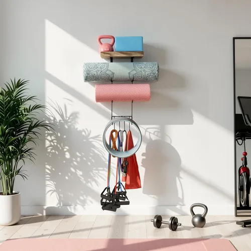 Miniatura 8 de VINAEMO - Soporte para esterilla de yoga, accesorios, organizador de montaje en pared, almacenamiento, decoración, rodillo de espuma y Negro