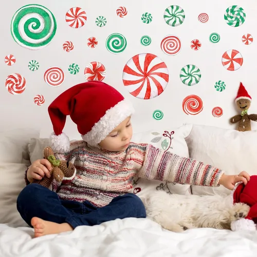 Miniatura 4 de 78 calcomanías de pared de caramelo de Navidad de acuarela, calcomanías de pared de Navidad, calcomanías de piso de caramelo de menta para Acuarela