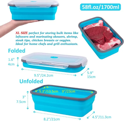Miniatura 6 de Recipientes plegables extra grandes para almacenamiento de alimentos con tapa y ventilación de aire, 58 oz, paquete de 4, recipiente plegable XL