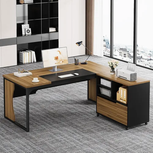 Miniatura 3 de Escritorio ejecutivo para computadora en forma de L con archivador móvil y luz LED, mesa de oficina grande de 63 pulgadas, muebles de negocios