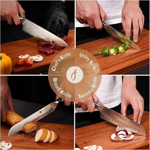 Miniatura 2 de Juego de 4 cuchillos de cocina profesional, juego de cuchillos de chef de acero inoxidable alemán de Damasco con caja de madera, cuchillo de chef