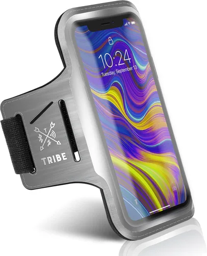 TRIBE Brazalete porta teléfono para correr. Brazaletes deportivos para teléfonos celulares iPhone y Galaxy para mujeres, hombres, corredores, Gris
