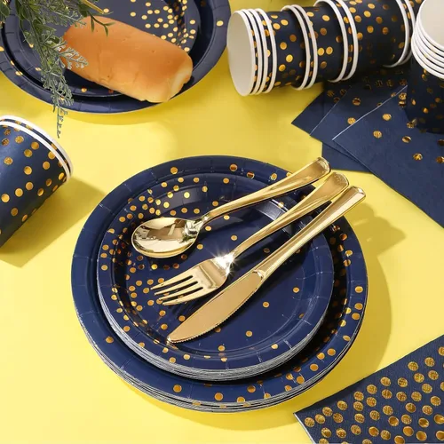 Miniatura 6 de 175 platos y servilletas azules para fiestas, decoraciones de fiesta azules y doradas para 25 invitados, platos de papel azul rey para decoraciones