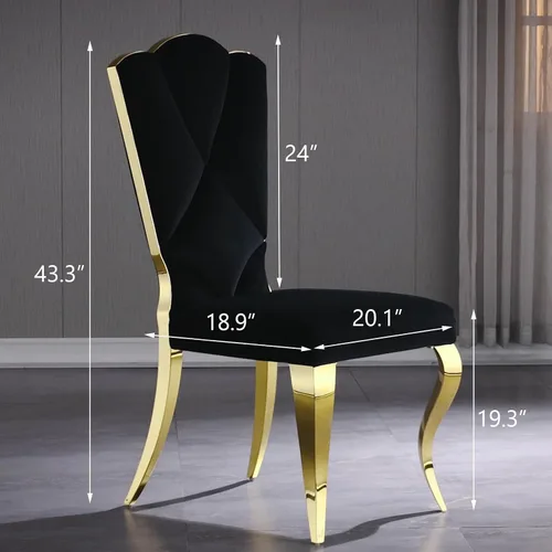 Miniatura 2 de Juego de 2 sillas de comedor de terciopelo negro y dorado, sillas de cocina tapizadas con respaldo alto con patas de acero inoxidable pulido, sillas