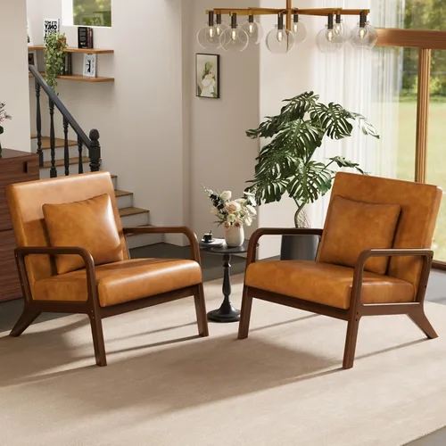 Miniatura 15 de ELUCHANG Silla decorativa moderna de mediados de siglo con almohada lumbar, sillón tapizado, tela de lino, cómoda silla auxiliar de lectura