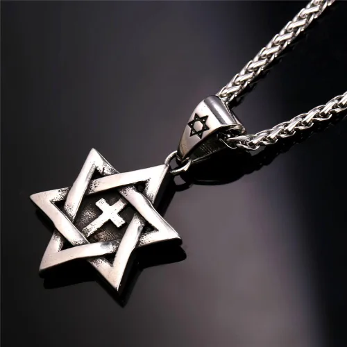 Miniatura 126 de U7 - Collar con Estrella de David para hombres y mujeres, dije hexagonal de acero inoxidable con cruz/piedra de rubí/collares clásicos judíos