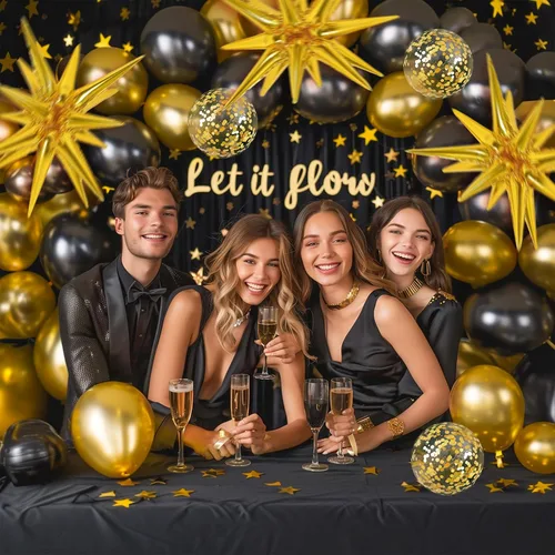 Miniatura 8 de RUBFAC 140 piezas Globos negros y dorados, globos de látex con confeti de estrella en negro y oro metálico de 5, 10, 12, 18 pulgadas para 2026, Año