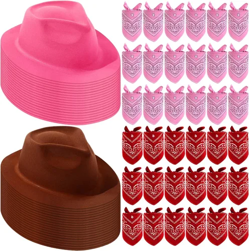 Miniatura 8 de Hillban 72 piezas de sombrero de vaquero occidental y set de bandana de paisley para niños, sombreros de fiesta de vaquero de fieltro para marrón