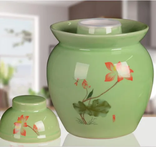 Miniatura 3 de ZHOUXIAO Tarro de fermentación tradicional de cerámica para pepinillos, tarro de fermentación chino con patrón de loto, tanque de fermentación