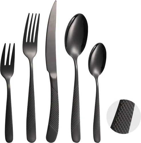 Miniatura 12 de Modern Silverware - Juego de cubiertos martillados de acero inoxidable de 20 piezas para 4 personas, incluye tenedores, cucharas, cuchillos, plateado