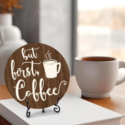 Miniatura 3 de Letrero de barra de café, decoración de café para cafetería, placa redonda de madera de granja con soporte, letreros de café con temática de «But