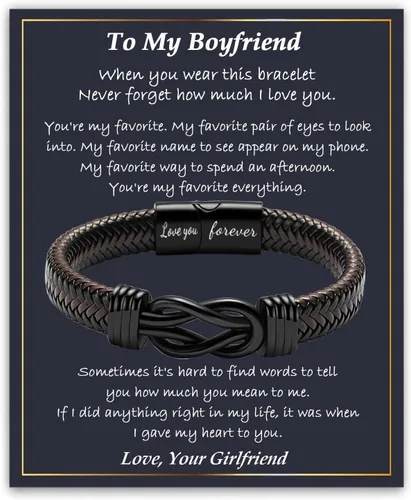 Gifts for Men Infinity Leather Bracelet for Dad New Daddy Husband Boyfriend Son Grandson Brother Nephew Uncle Brown Braided Engraved Leather Jewelry