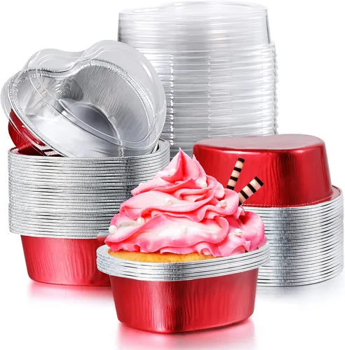 Patelai 100 juegos de moldes para pasteles en forma de corazón con tapas, 3.4 fl oz/3.4 onzas, moldes de aluminio para magdalenas, desechables, mini