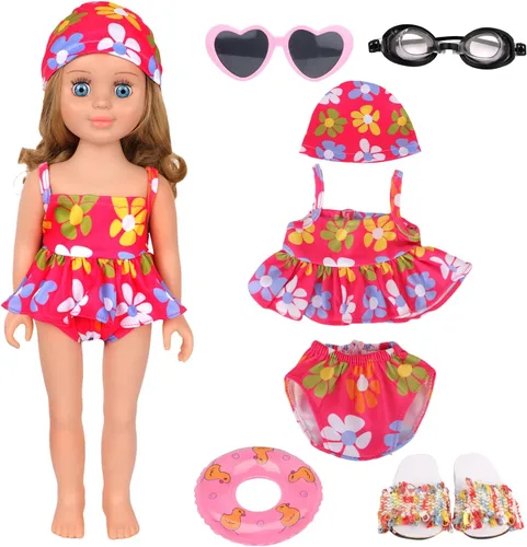 Miniatura 10 de MSYO Conjunto de traje de baño de playa de muñeca de 18 pulgadas, traje de baño patriótico de estrellas y rayas con lentes de sol, gafas
