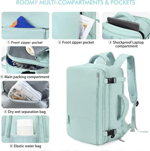 Miniatura 6 de Mochila de Mano Aprobada por Aerolíneas Beraliy para Hombres y Mujeres, Verde menta, X-Grande, Mochilas de viaje