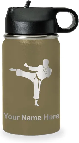 Botella de agua personalizada LaserGram, Karate Man, de acero inoxidable con doble pared aislada al vacío con tapa abatible, regalo personalizado
