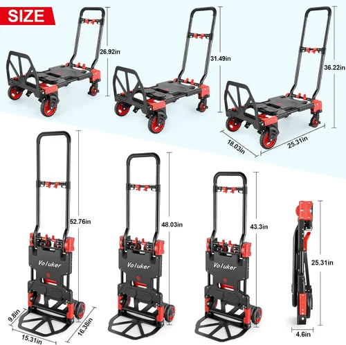 Miniatura 2 de Carretilla de Mano Plegable de 330LB Carretilla de Transporte, Carretillas de Mano de Servicio Pesado Combinación de 4 Ruedas y 2 Ruedas Carrito