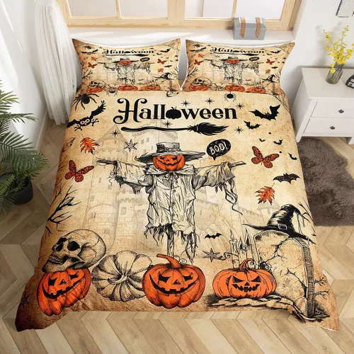 Miniatura 14 de Lindo juego de funda de edredón de fantasma, tamaño individual para niños y niñas, juego de ropa de cama de calabaza y calavera de azúcar, funda