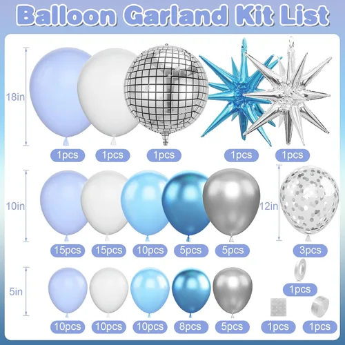 Miniatura 2 de Kit de guirnalda de arco de globos de color azul, blanco y plateado con globos de bola de discoteca, globos de papel de aluminio de estrella